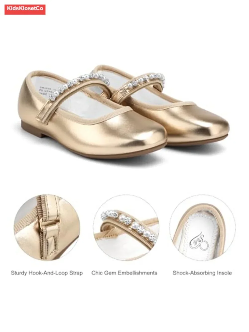 Girls Beaded Mary Jane Flats, Hook-and-Loop Strap, Cushioned Insole, Flexible